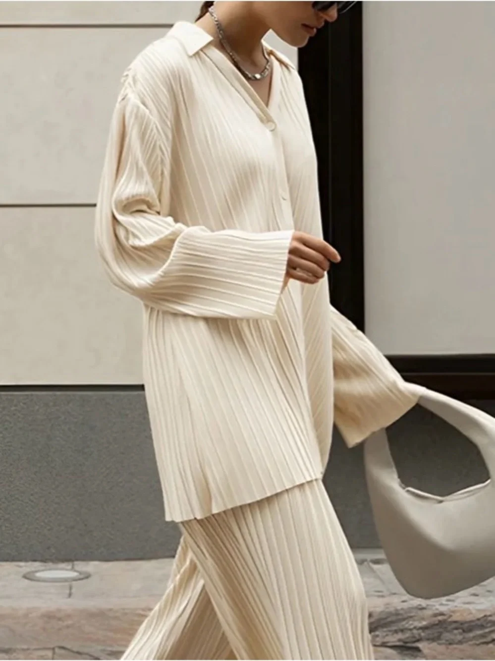 Commense Cream Pleated Button-Front Oversized Top - Picture 3 of 7